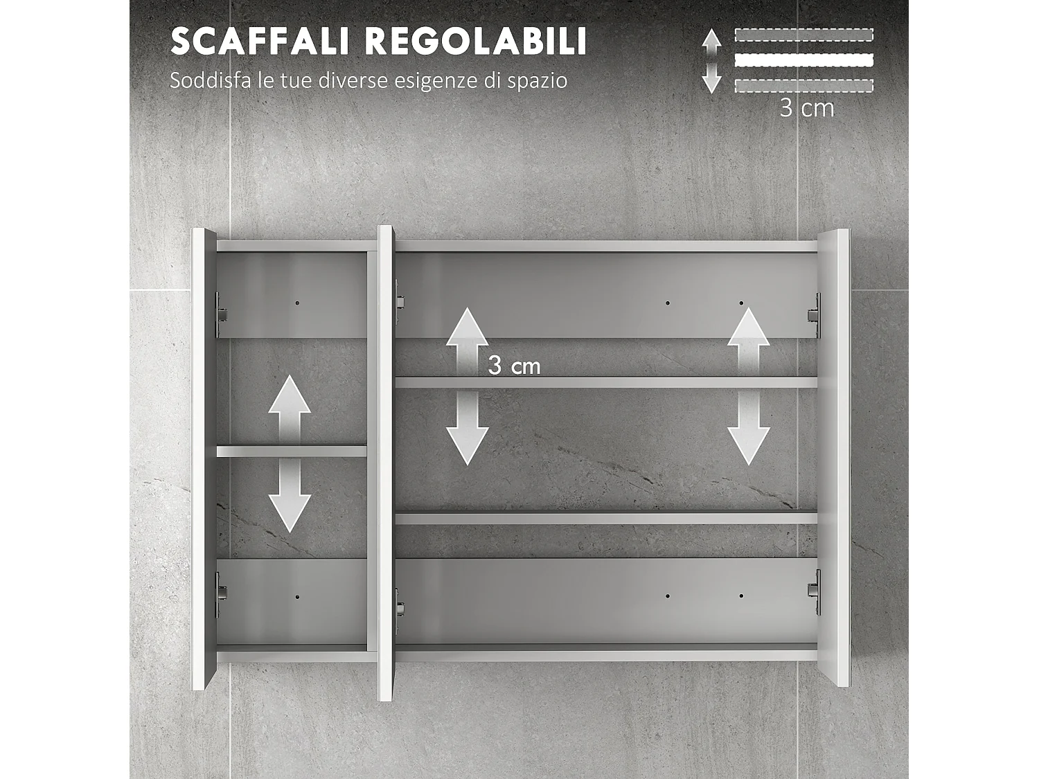 Armadietto pensile bagno con 3 ante a specchio in legno bianco