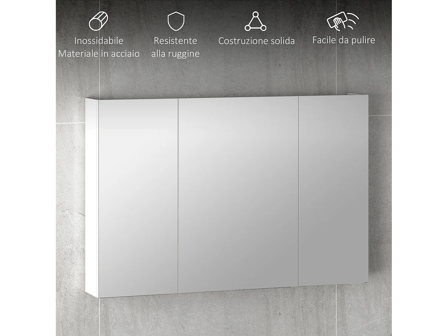 Armadietto pensile bagno con 3 ante a specchio in legno bianco