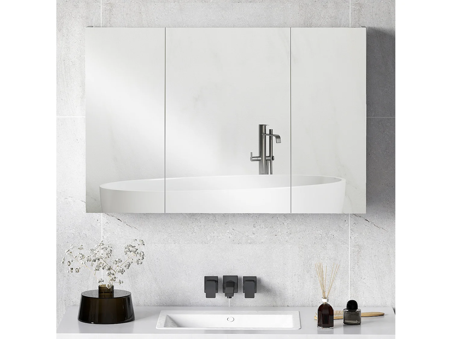 Armadietto pensile bagno con 3 ante a specchio in legno bianco