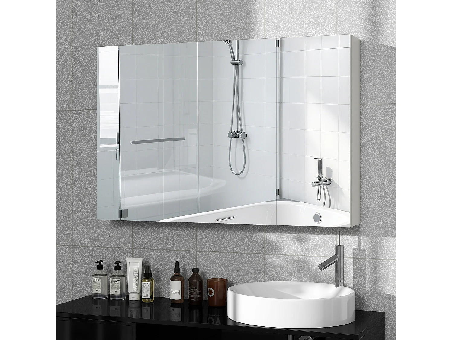 Armadietto pensile bagno con 3 ante a specchio in legno bianco