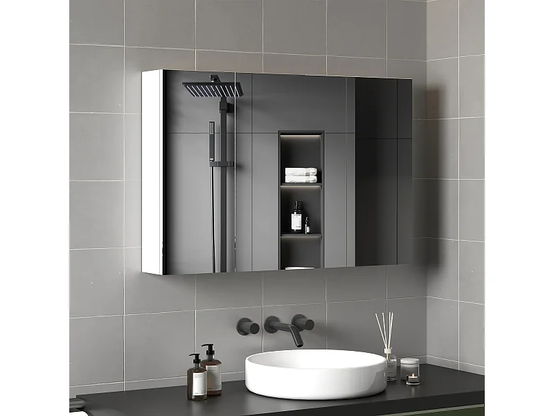 Armadietto pensile bagno con 3 ante a specchio in legno bianco