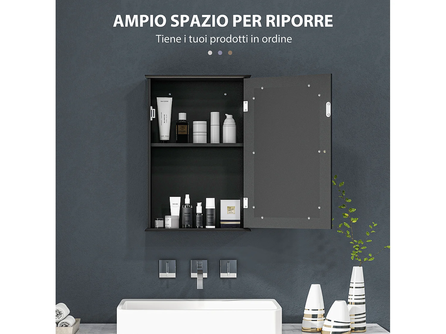 Mobiletto bagno pensile con specchio 41x14x60cm legno nero