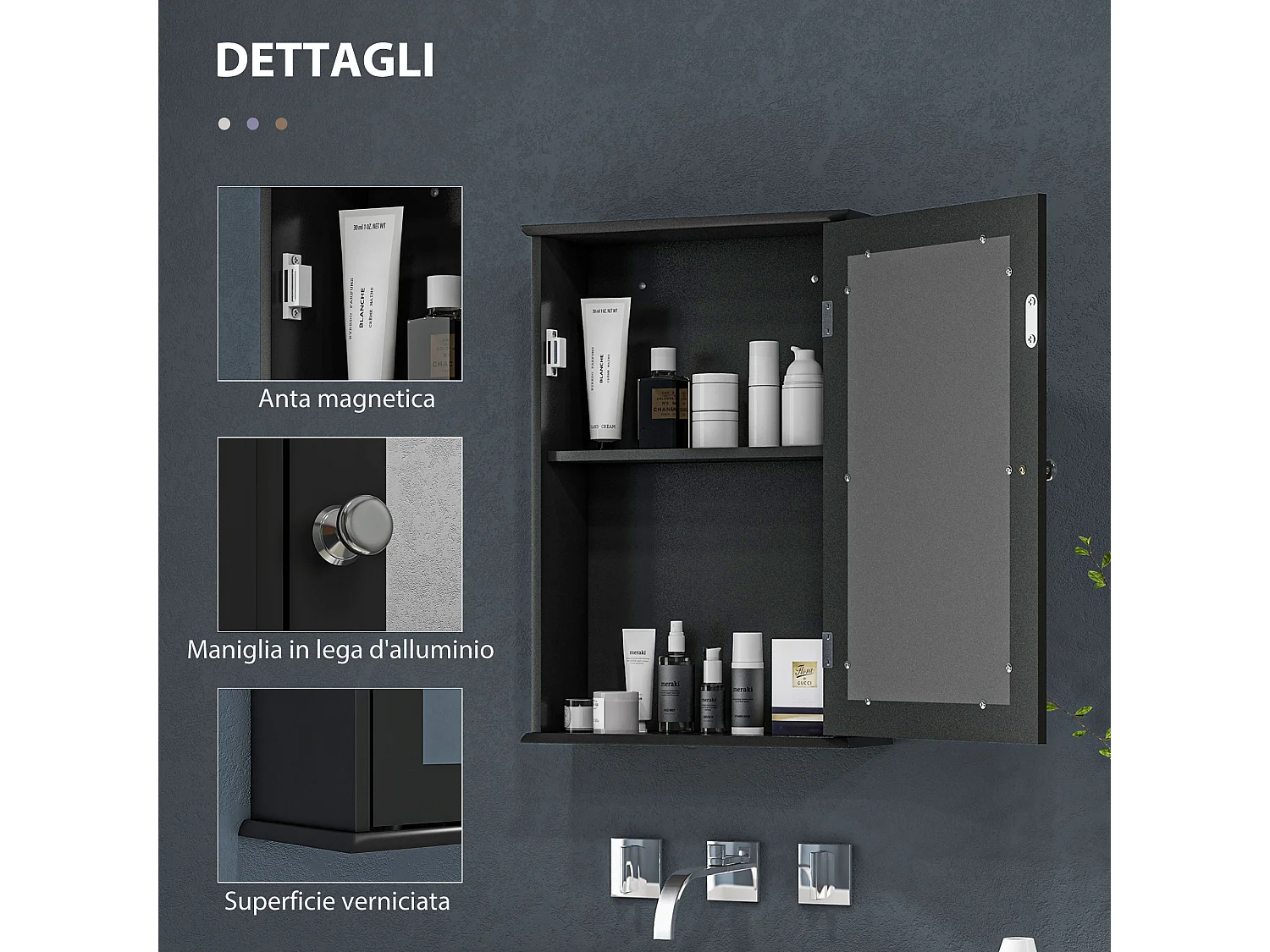 Mobiletto bagno pensile con specchio 41x14x60cm legno nero
