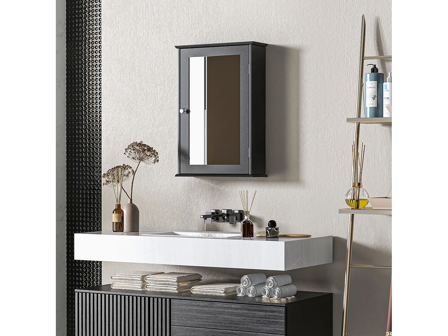 Mobiletto bagno pensile con specchio 41x14x60cm legno nero