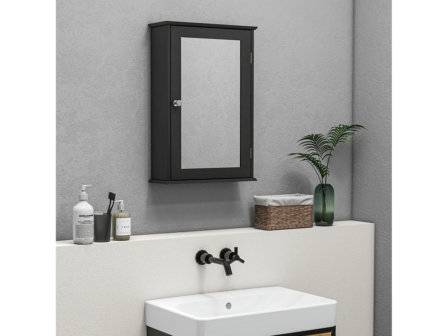 Mobiletto bagno pensile con specchio 41x14x60cm legno nero