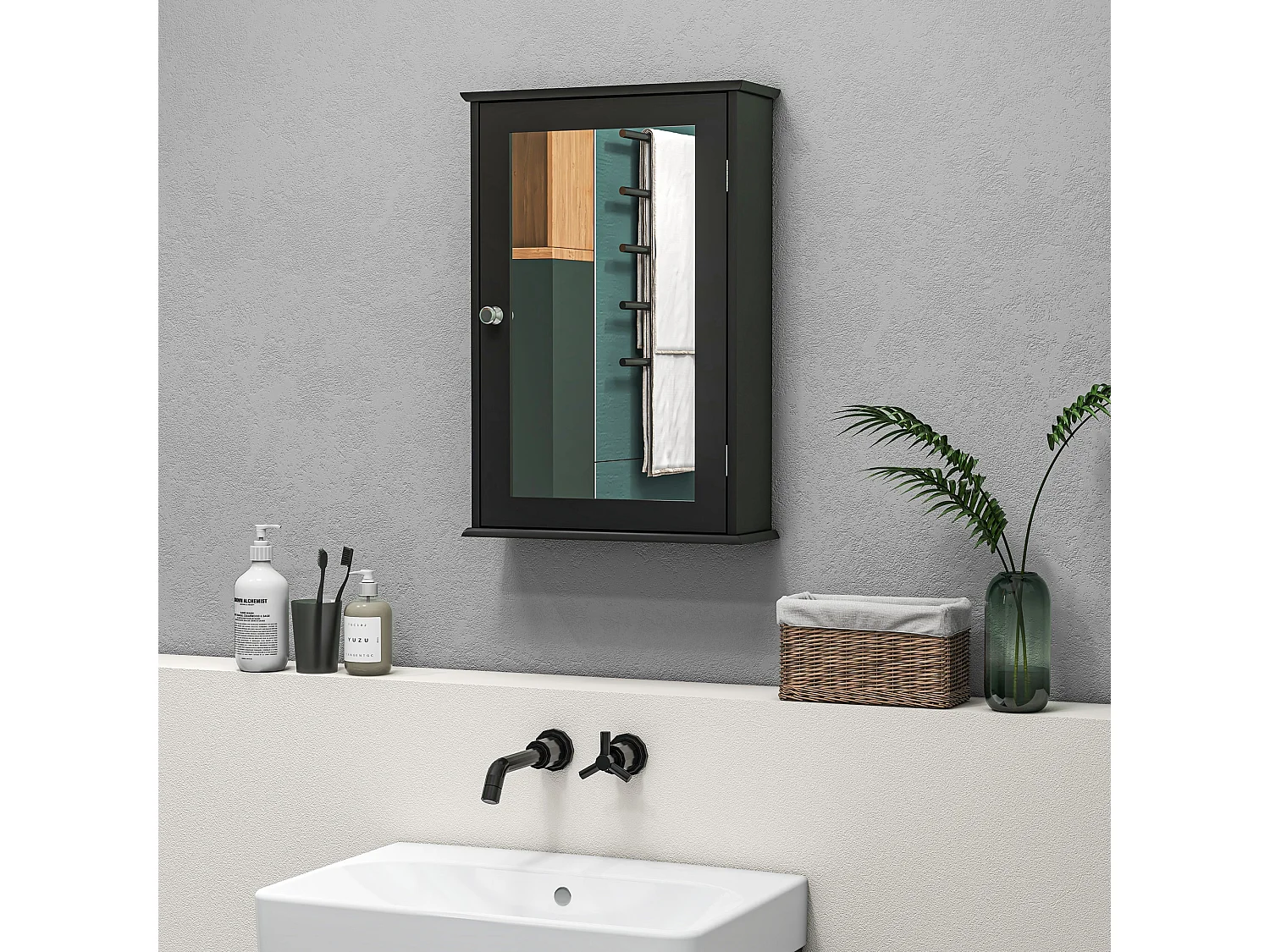 Mobiletto bagno pensile con specchio 41x14x60cm legno nero
