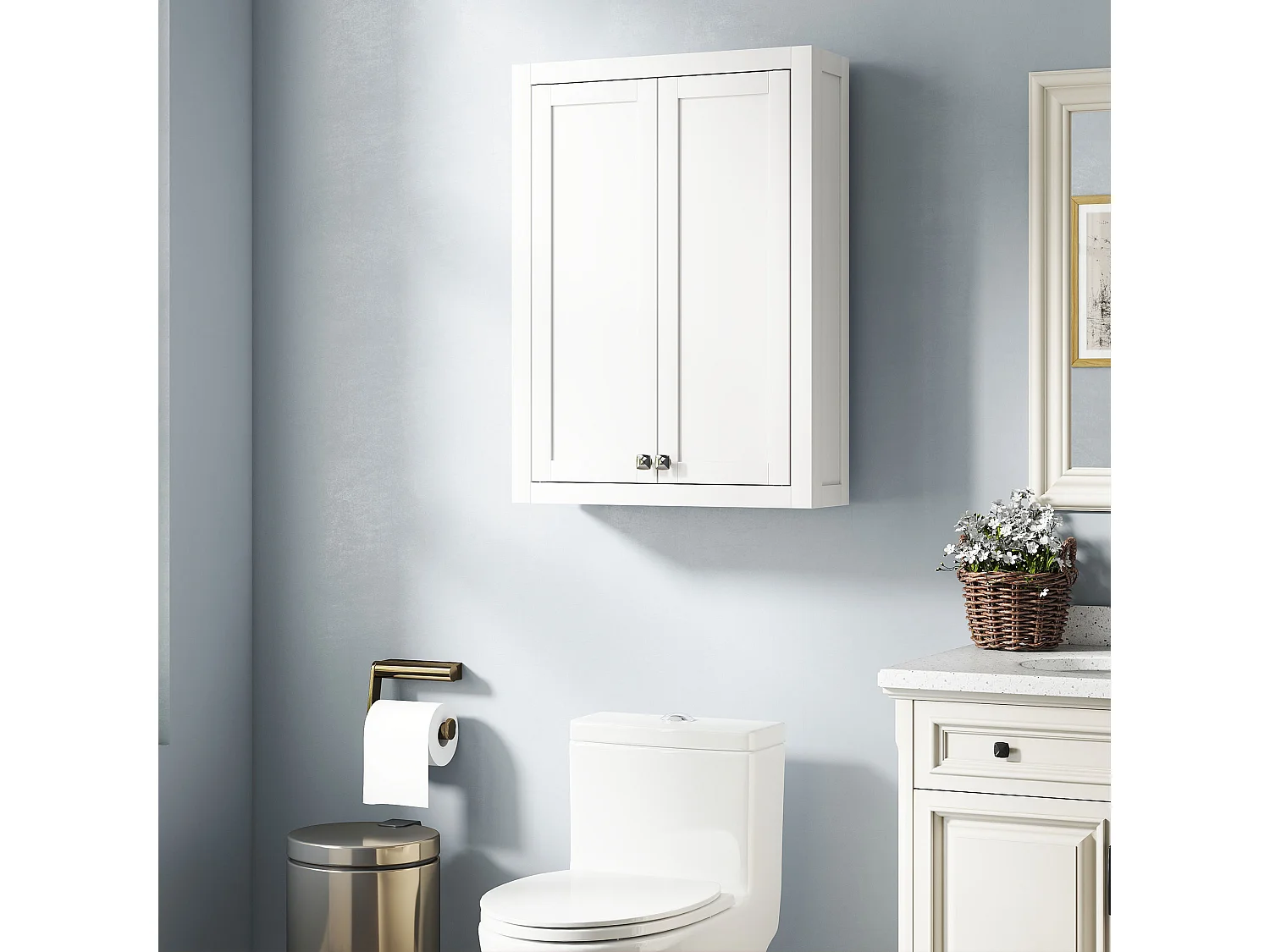 Mobile da bagno a parete con 2 ripiani regolabili in legno bianco