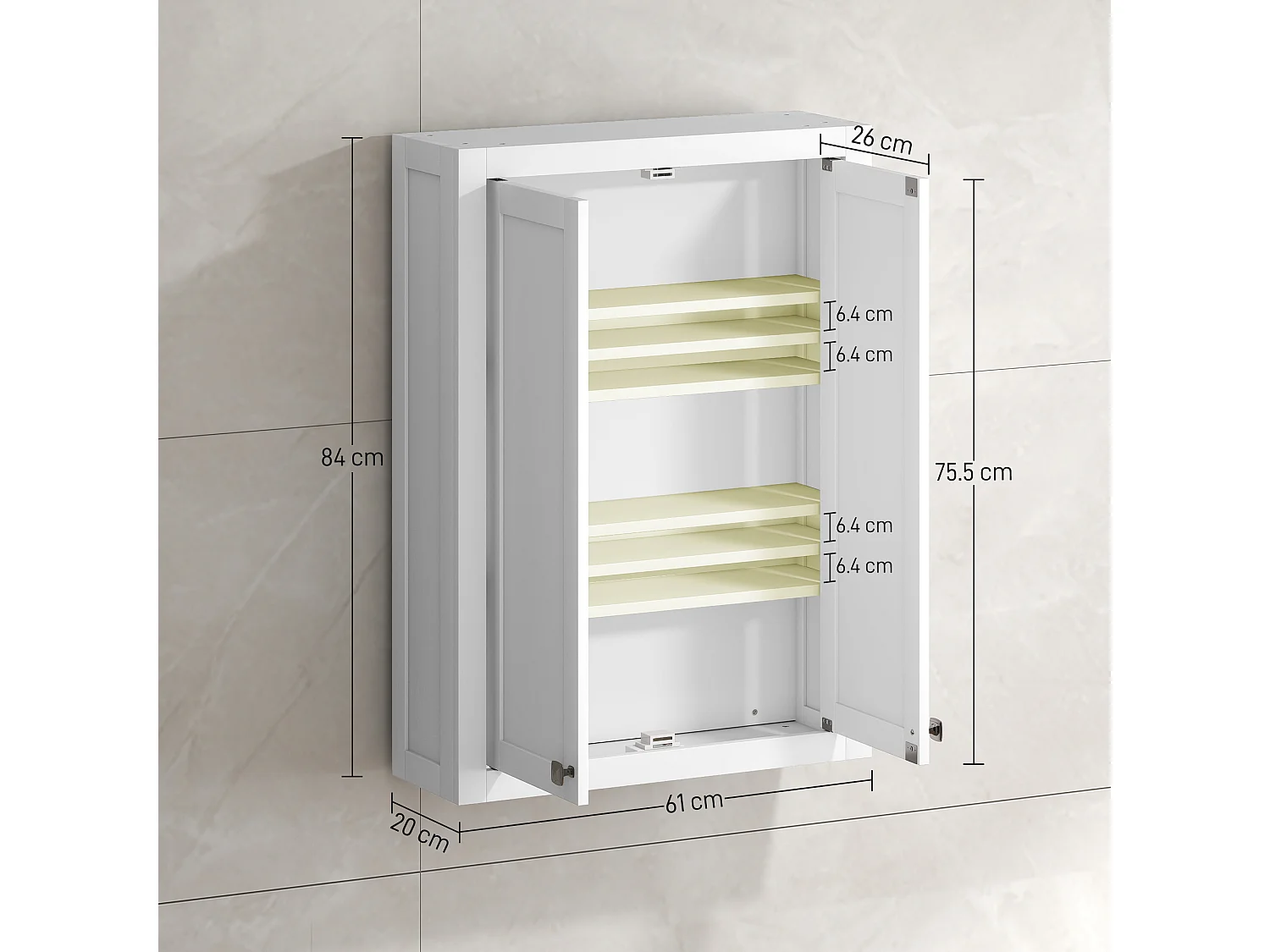 Mobile da bagno a parete con 2 ripiani regolabili in legno bianco