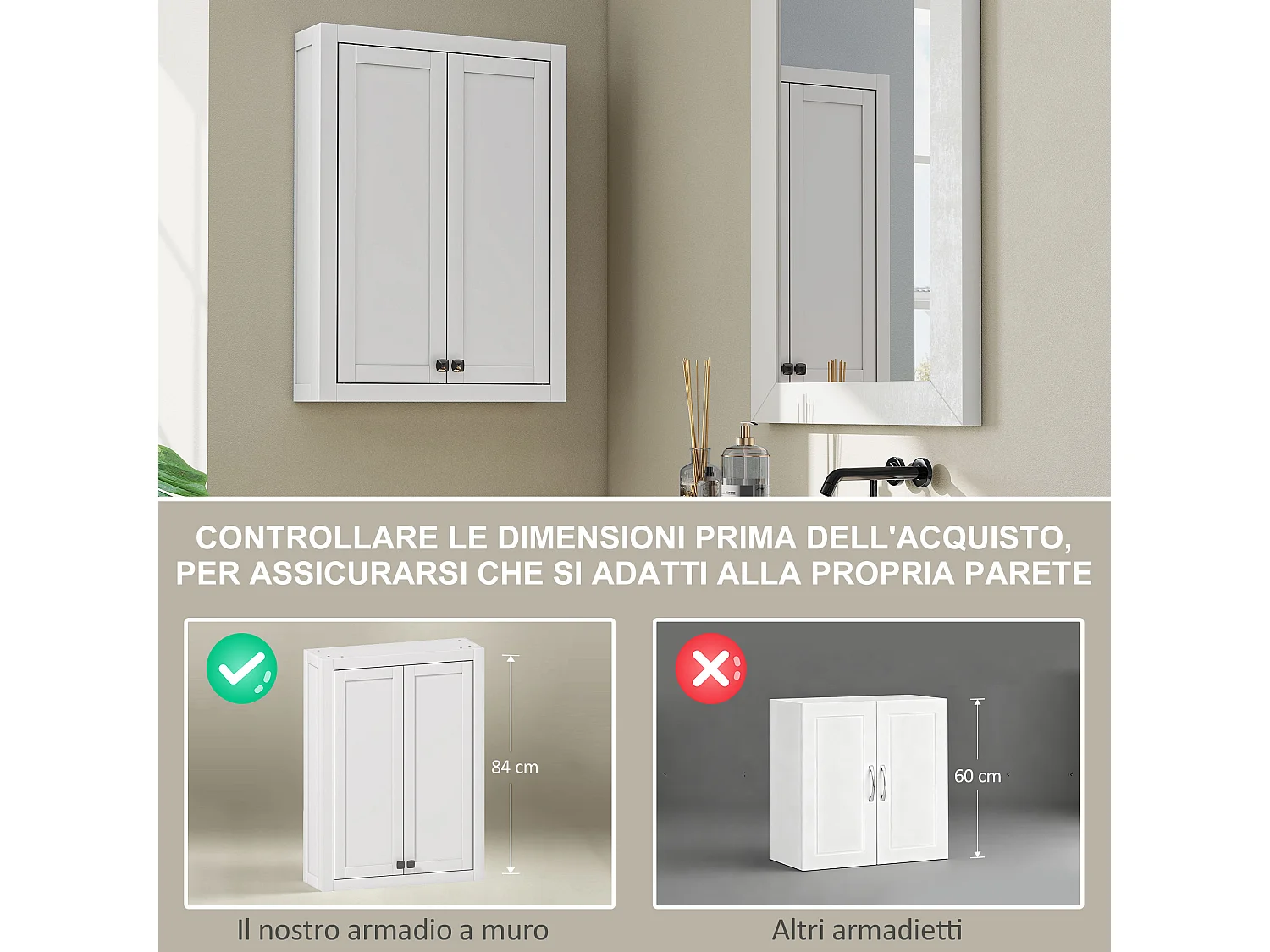 Mobile da bagno a parete con 2 ripiani regolabili in legno bianco