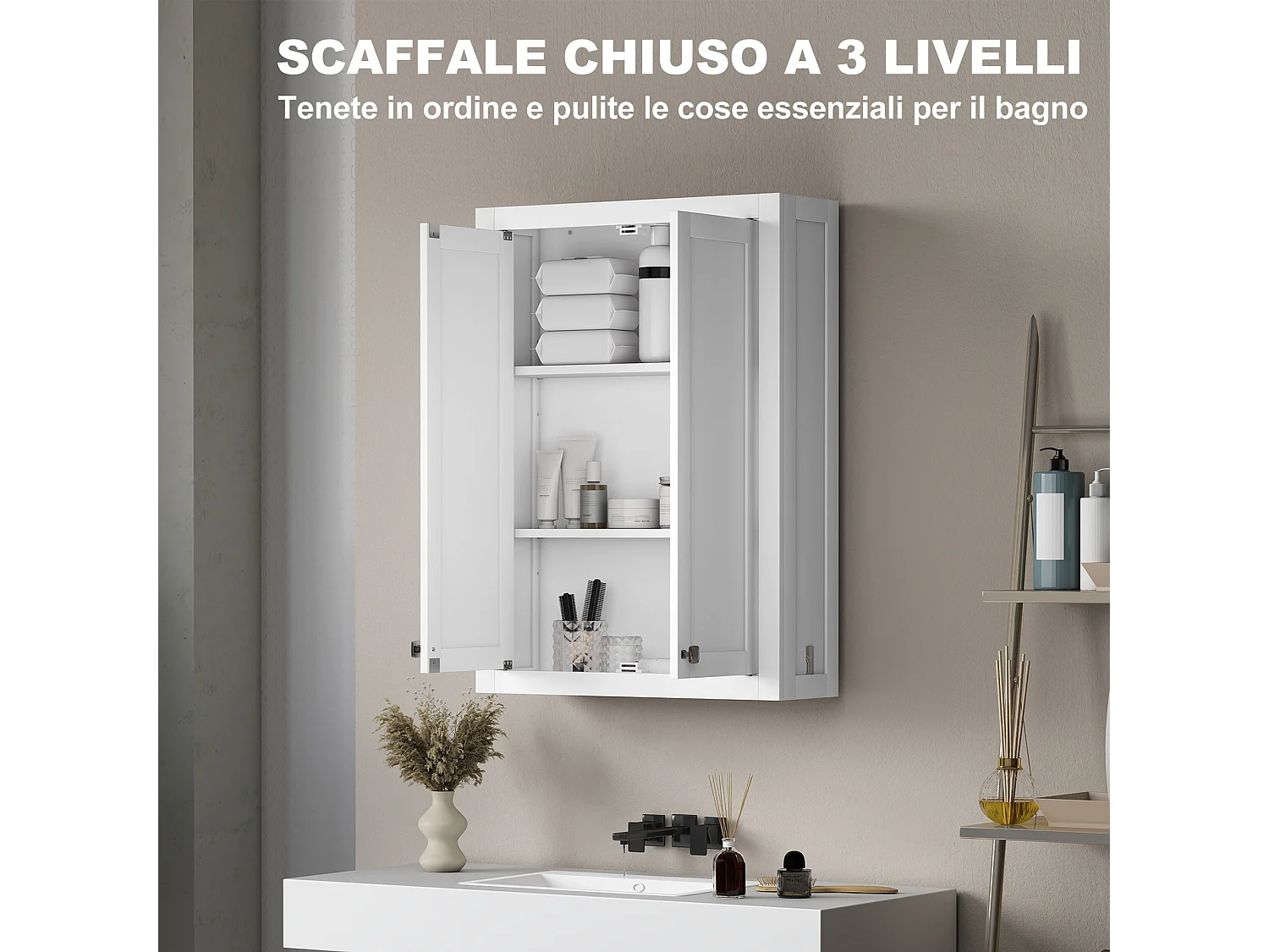 Mobile da bagno a parete con 2 ripiani regolabili in legno bianco