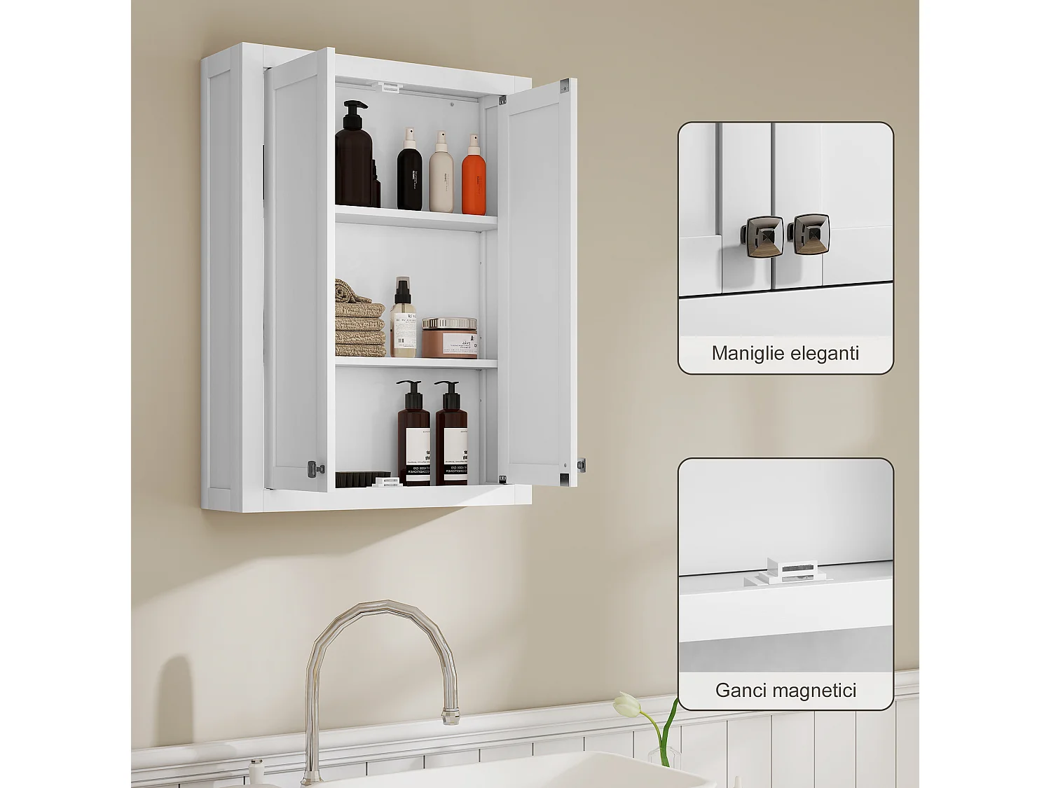 Mobile da bagno a parete con 2 ripiani regolabili in legno bianco