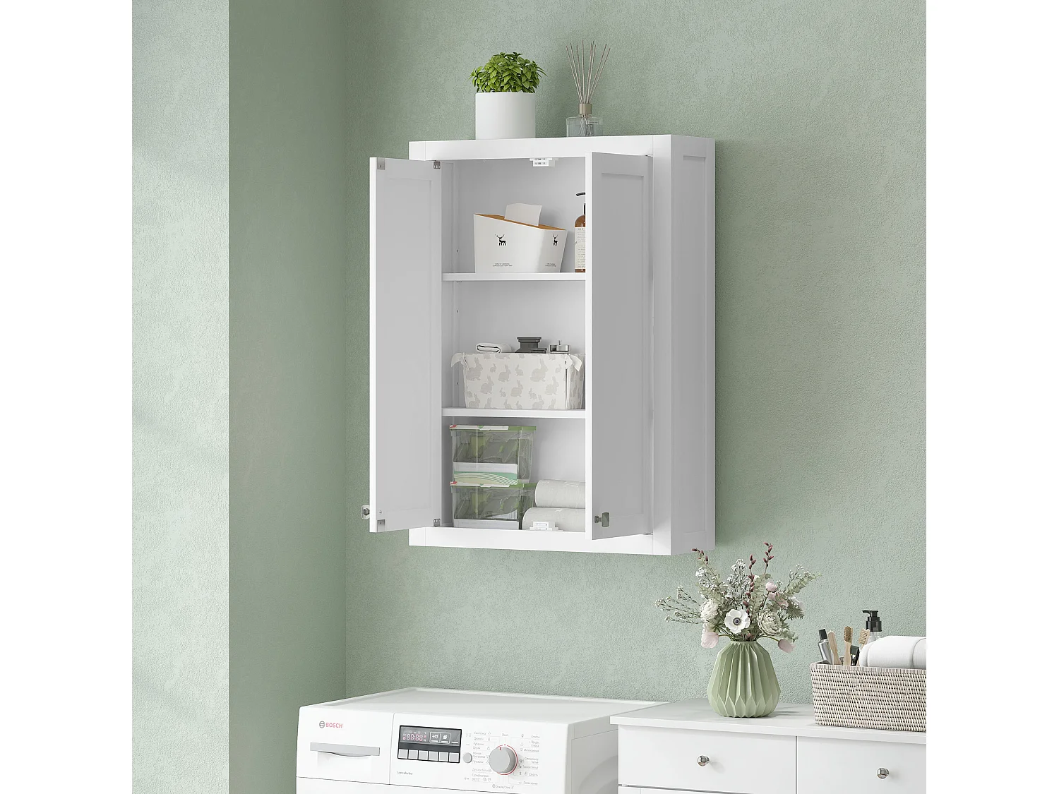 Mobile da bagno a parete con 2 ripiani regolabili in legno bianco