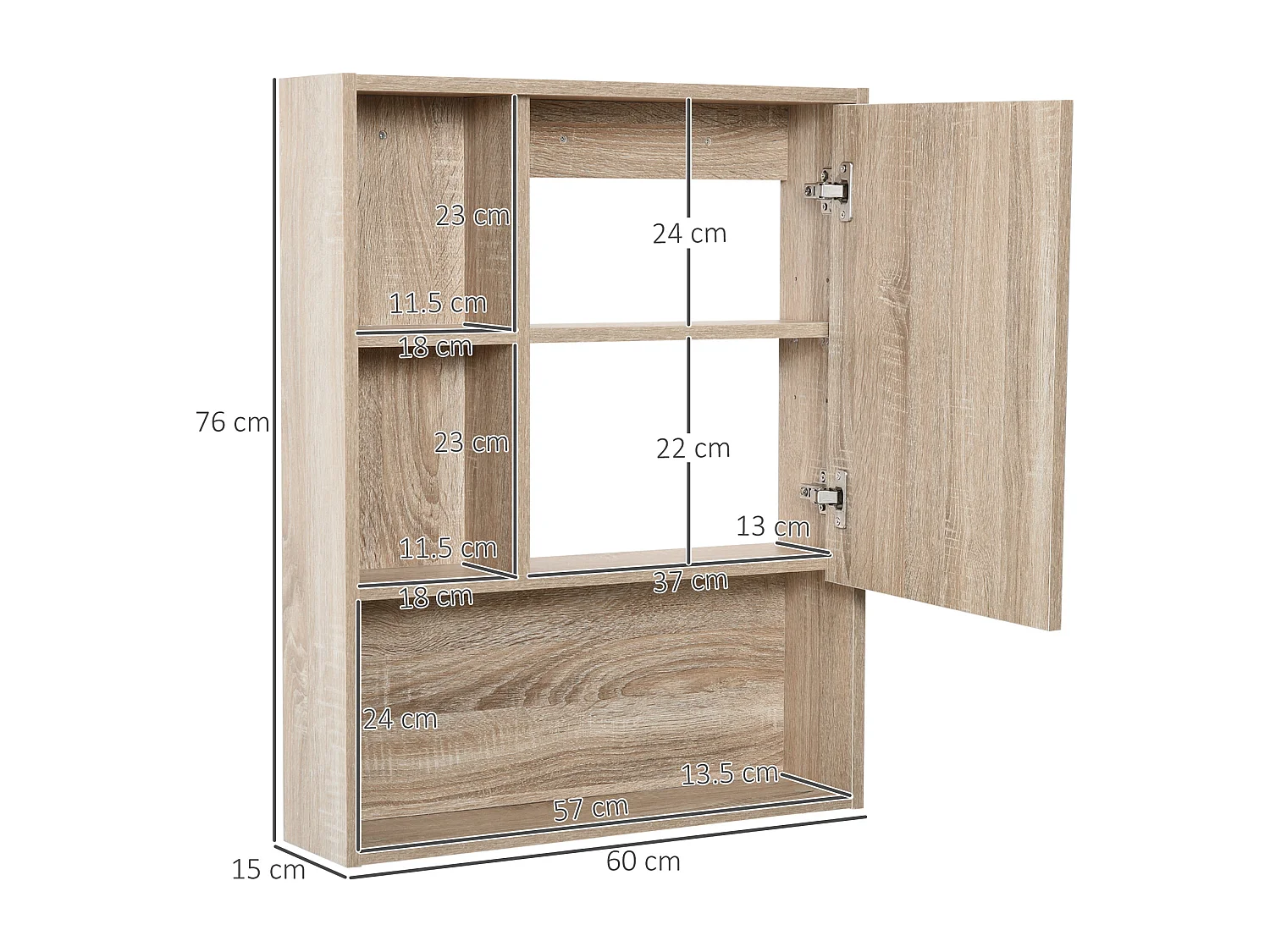 Armadietto a specchio con mensile regolabile a muro in legno rovere