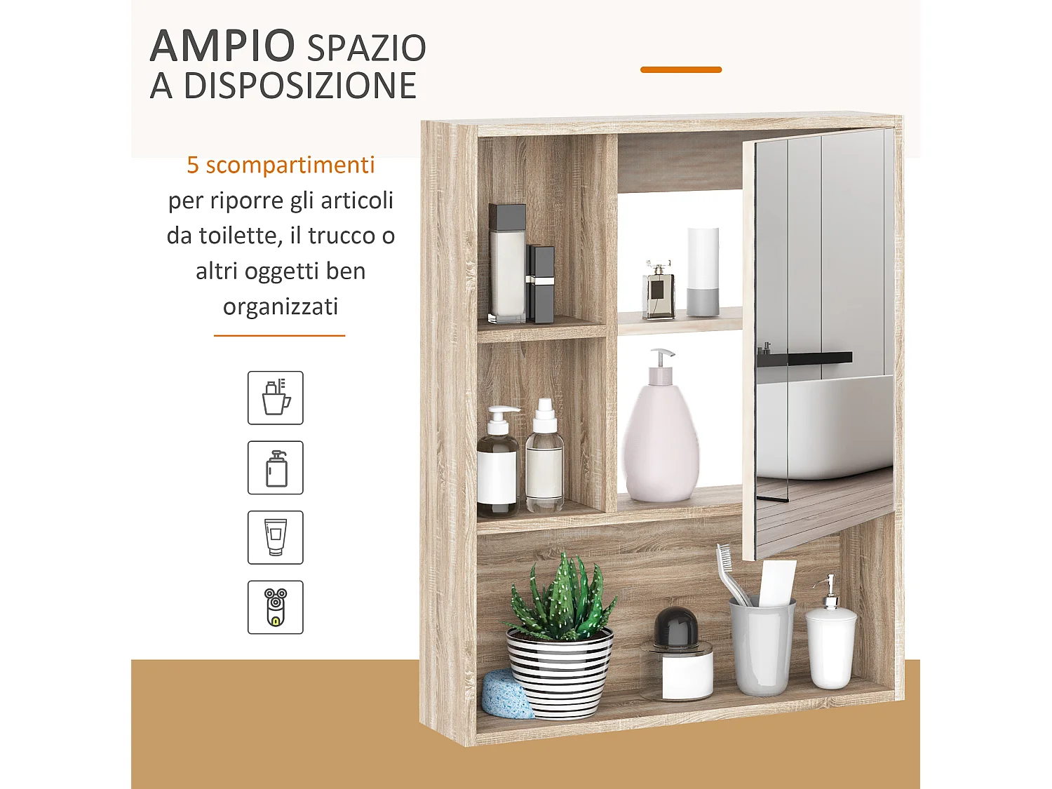 Armadietto a specchio con mensile regolabile a muro in legno rovere