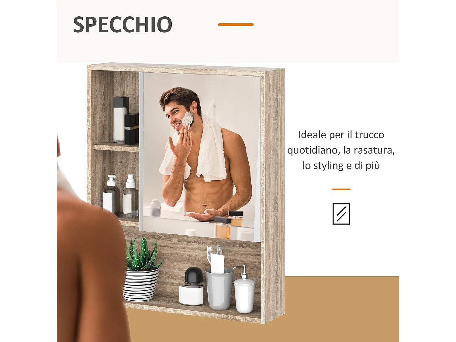 Armadietto a specchio con mensile regolabile a muro in legno rovere