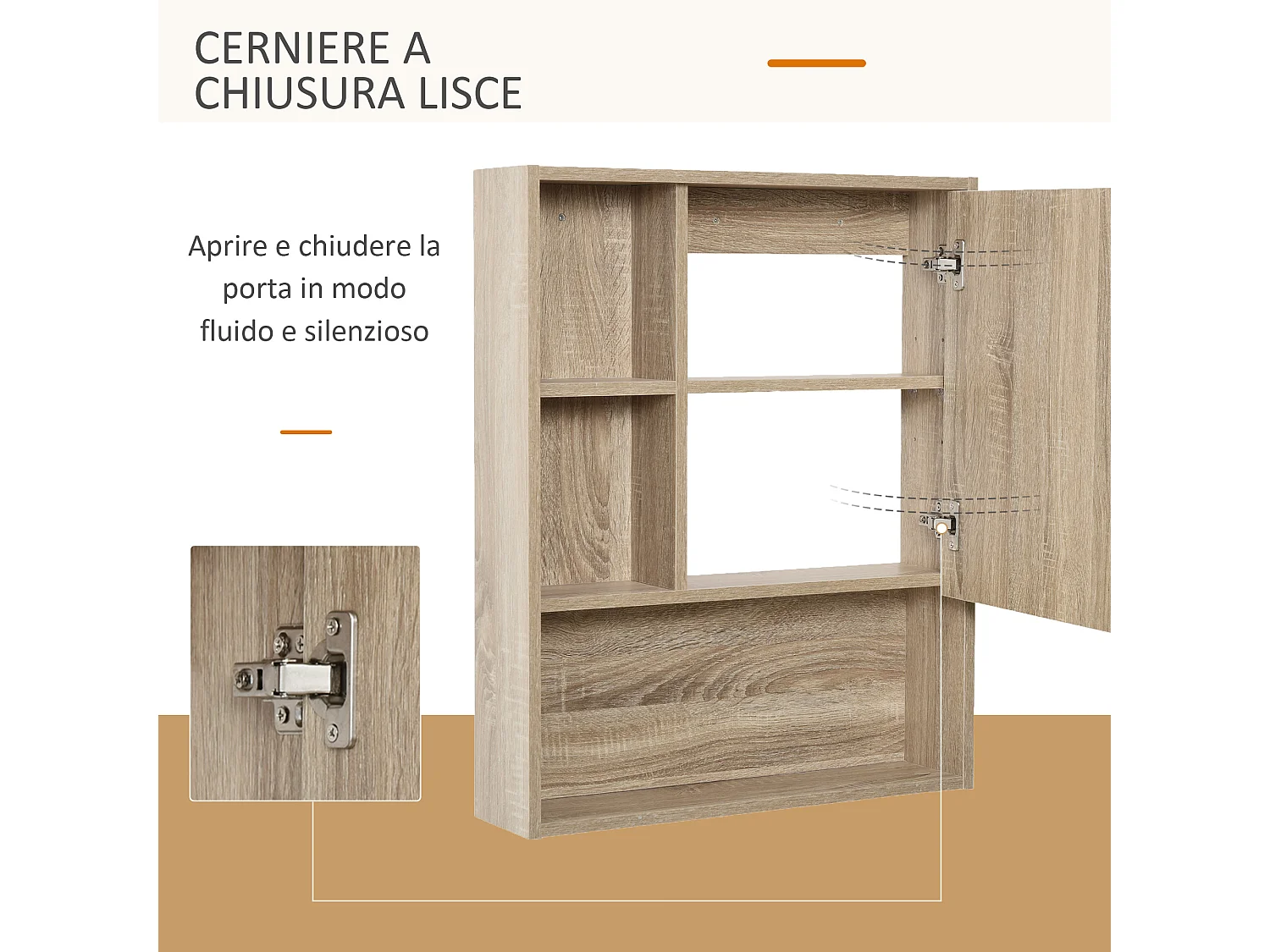 Armadietto a specchio con mensile regolabile a muro in legno rovere