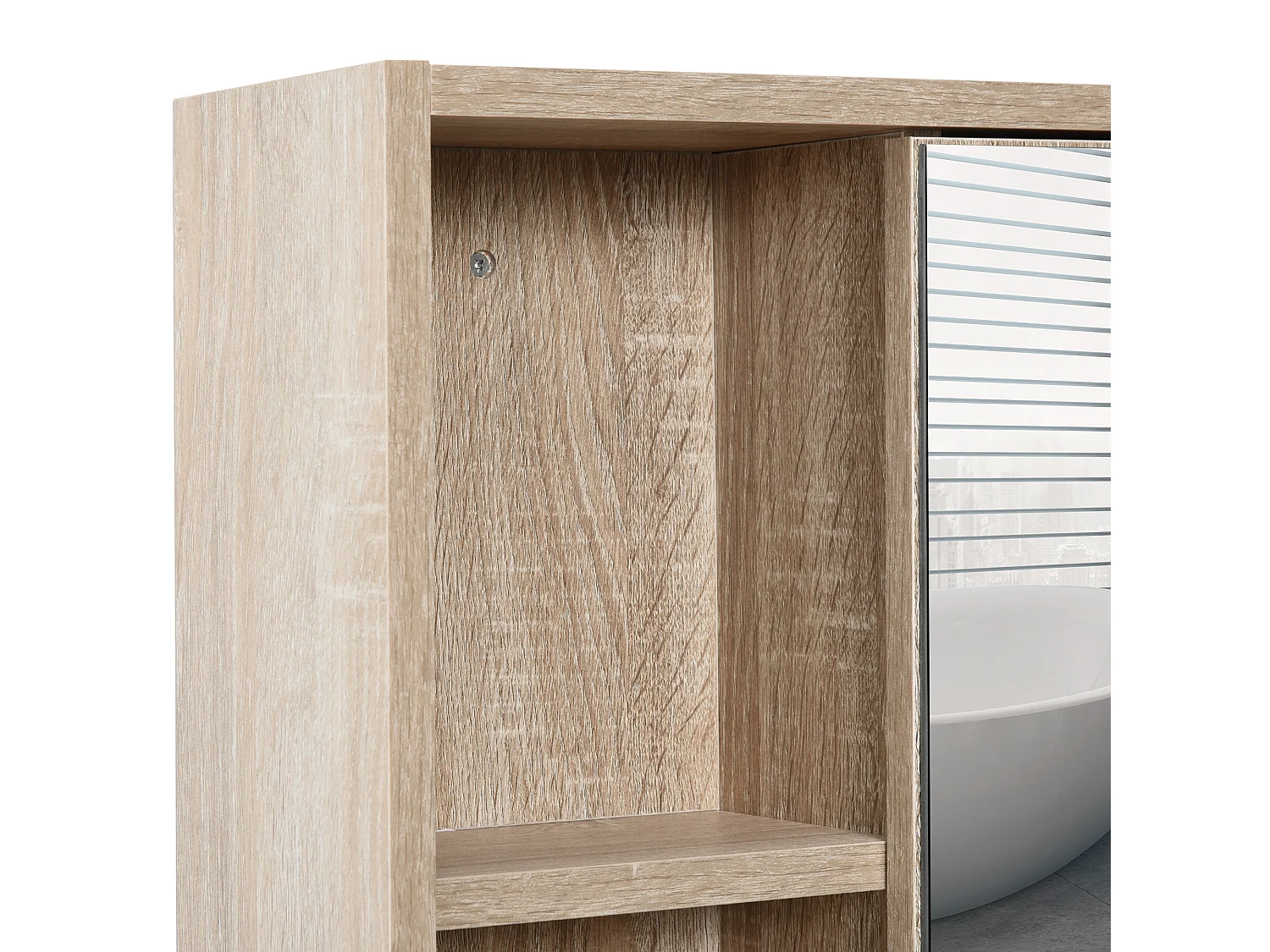 Armadietto a specchio con mensile regolabile a muro in legno rovere