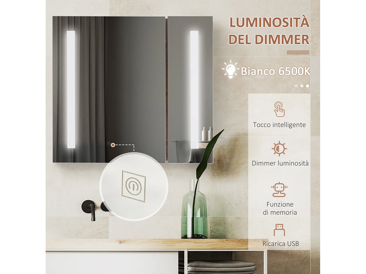 Specchiera bagno con armadietto 2 ante e luci led regolabili marrone