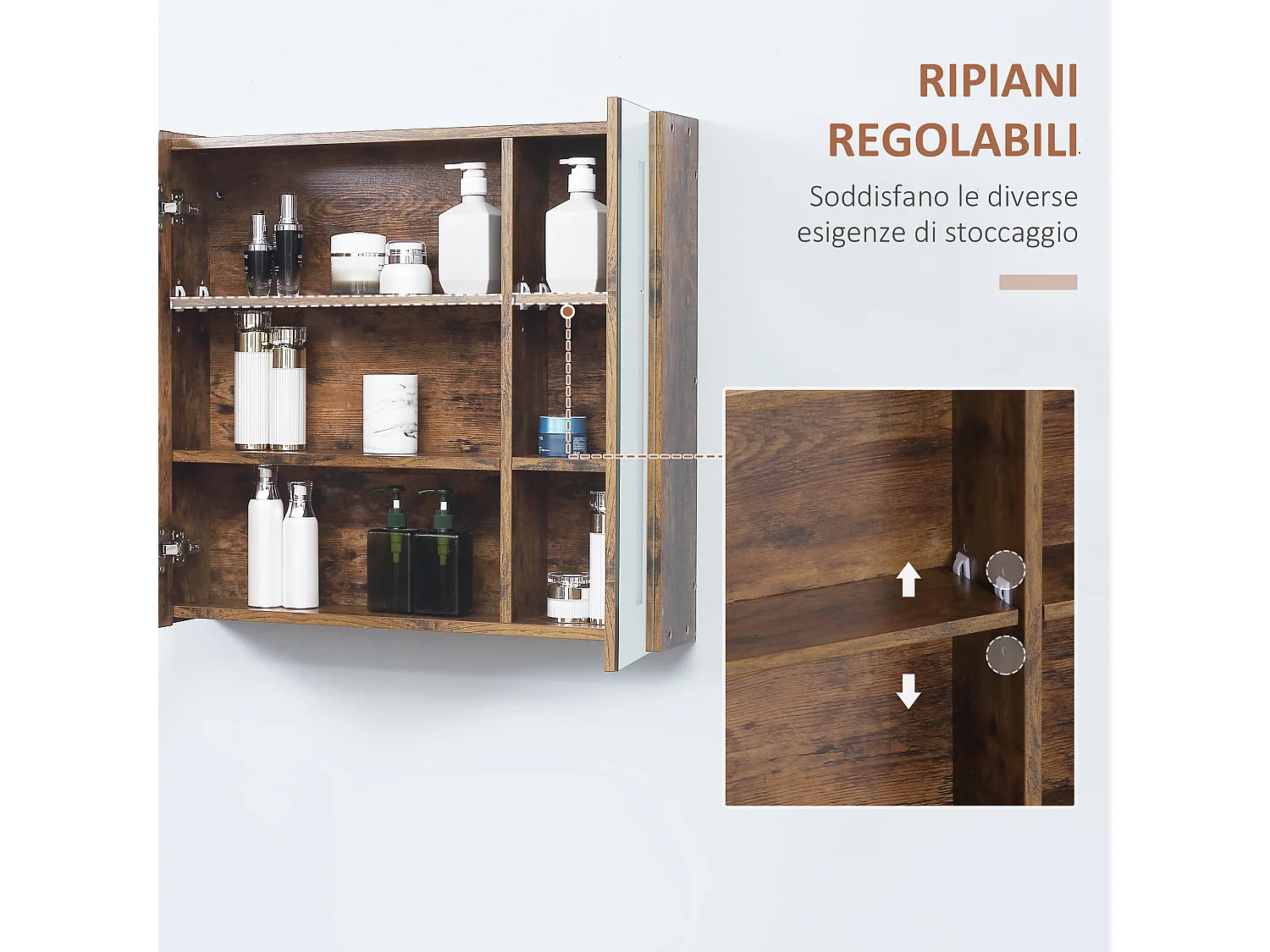 Specchiera bagno con armadietto 2 ante e luci led regolabili marrone