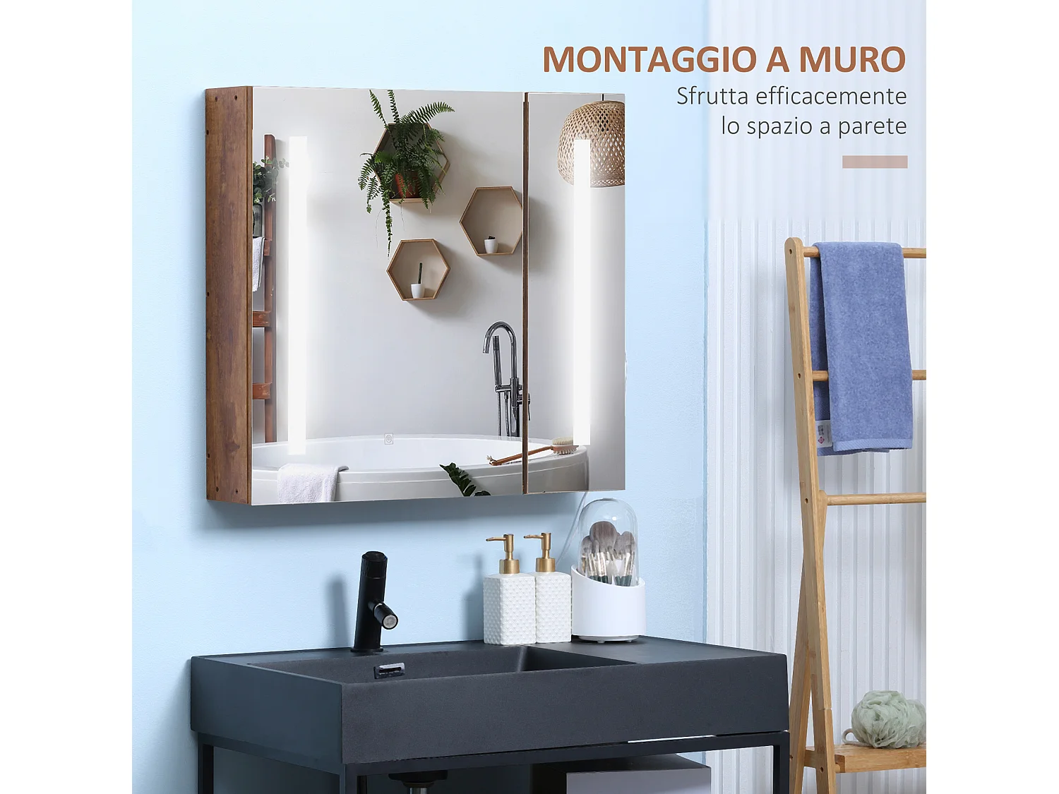 Specchiera bagno con armadietto 2 ante e luci led regolabili marrone