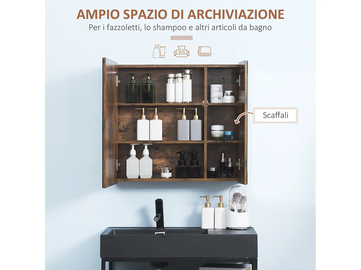 Specchiera bagno con armadietto 2 ante e luci led regolabili marrone