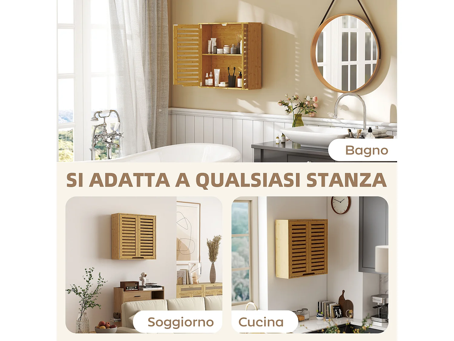 Pensile bagno con ripiano interno regolabile e ante a persiana