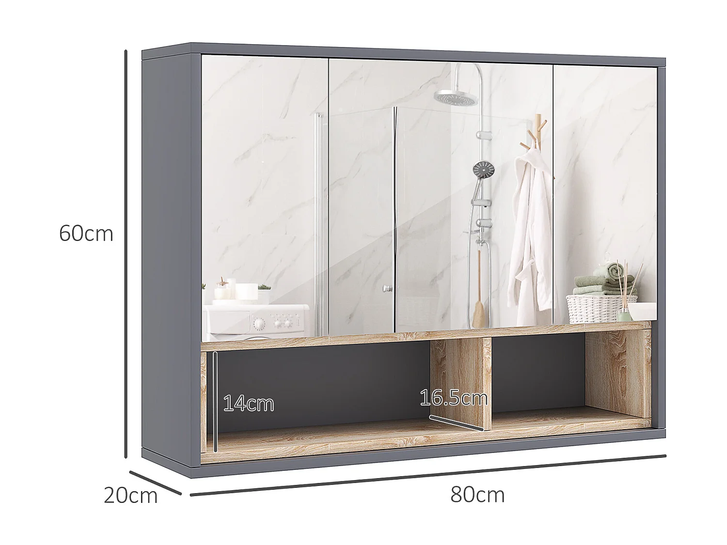 Specchiera bagno 3 ante con armadietto e 8 vani grigio