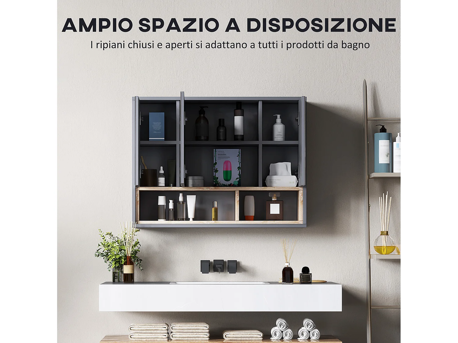Specchiera bagno 3 ante con armadietto e 8 vani grigio