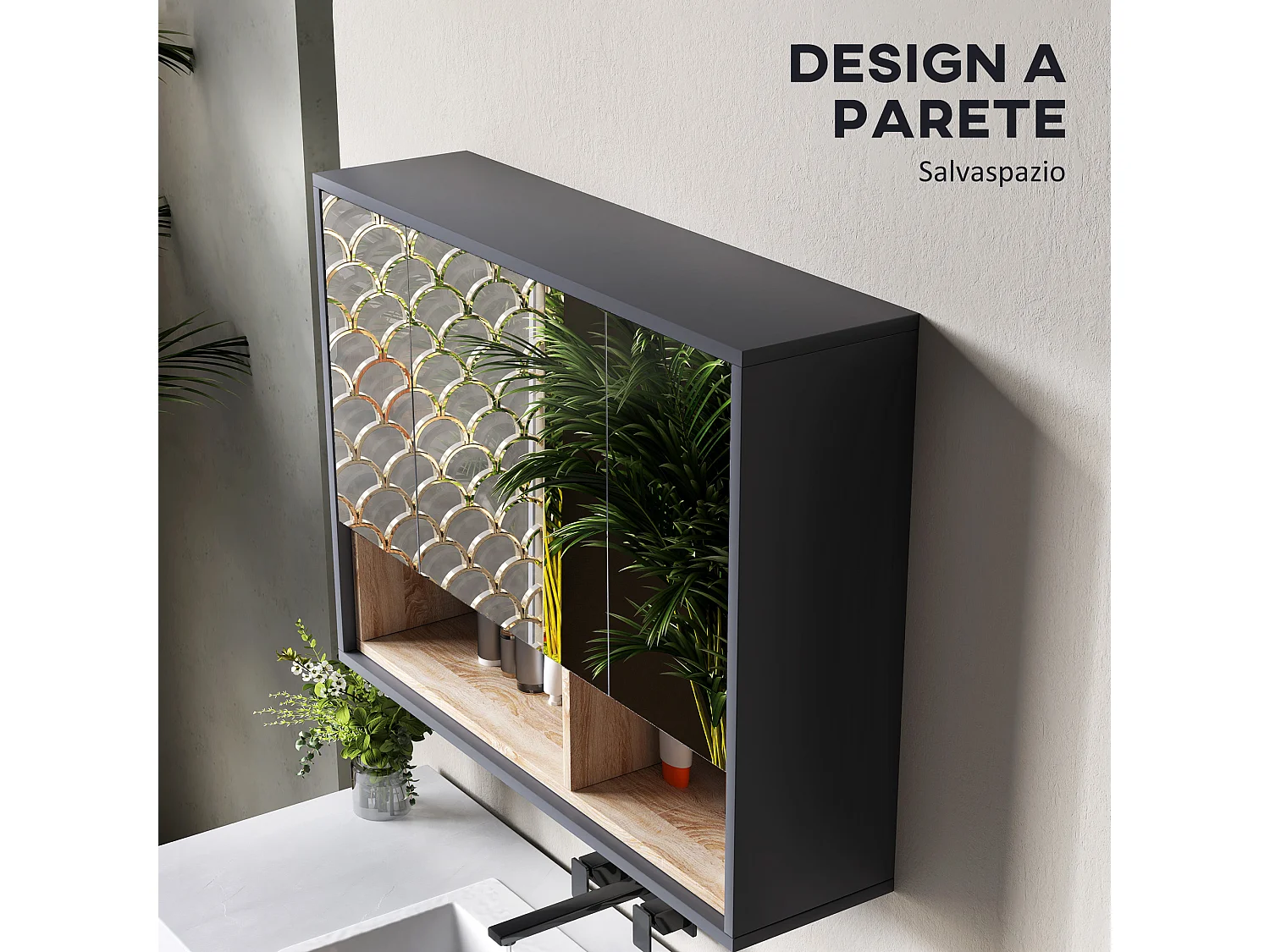 Specchiera bagno 3 ante con armadietto e 8 vani grigio