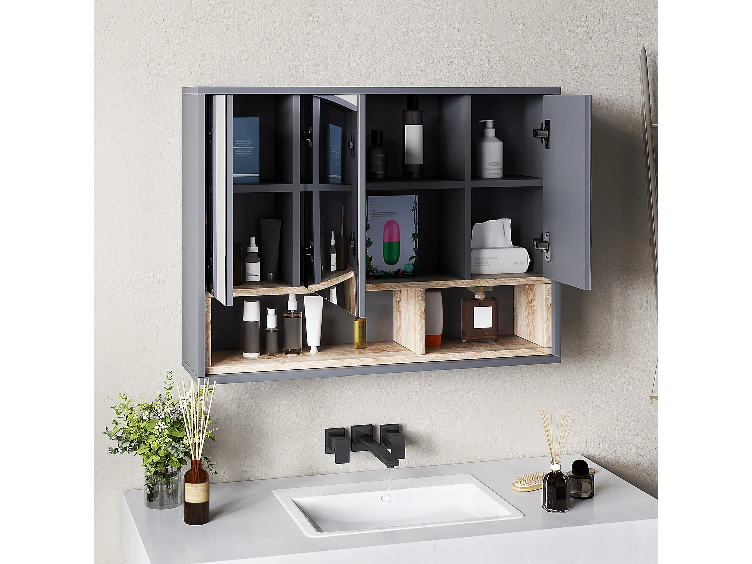 Specchiera bagno 3 ante con armadietto e 8 vani grigio