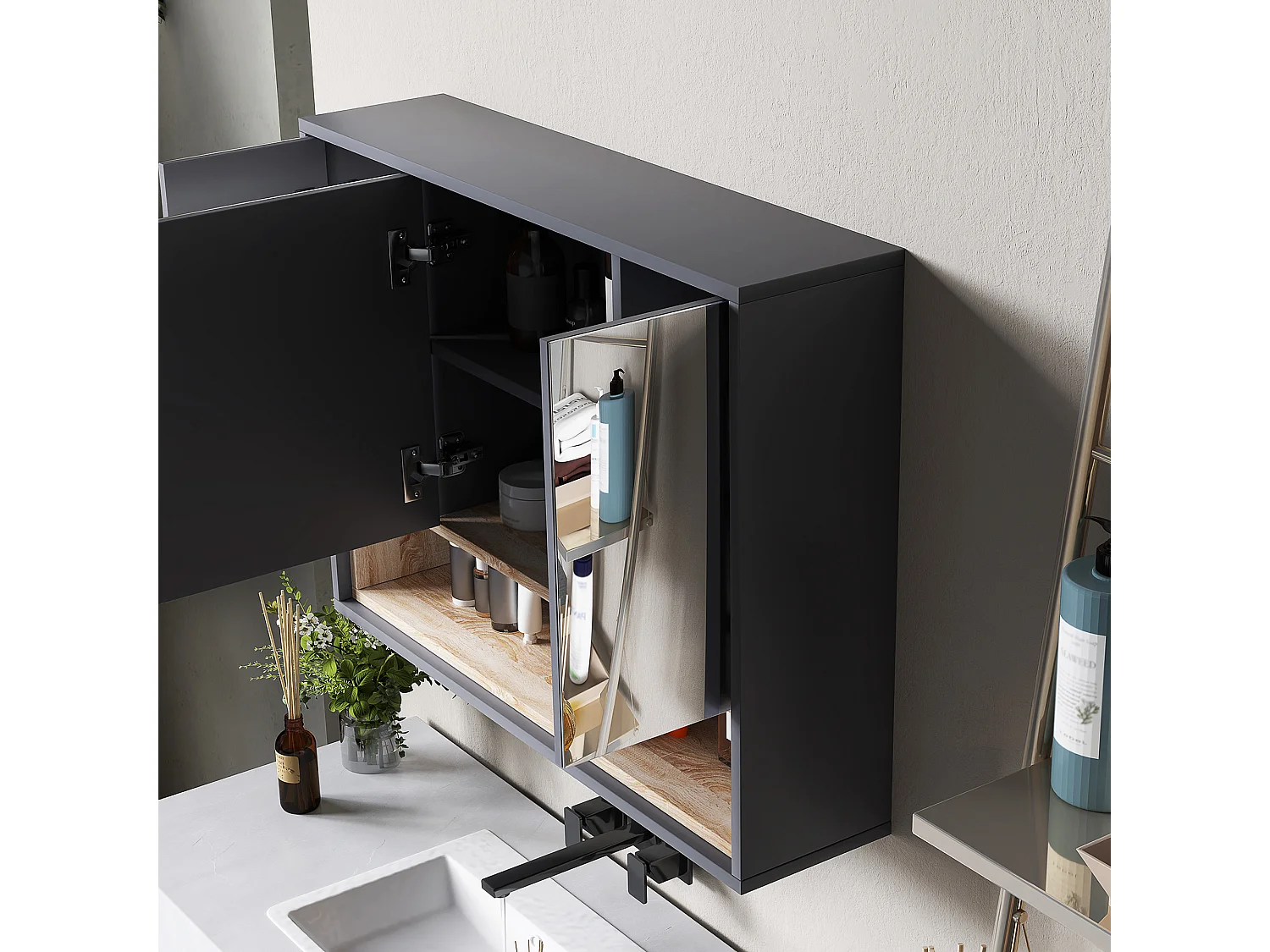 Specchiera bagno 3 ante con armadietto e 8 vani grigio