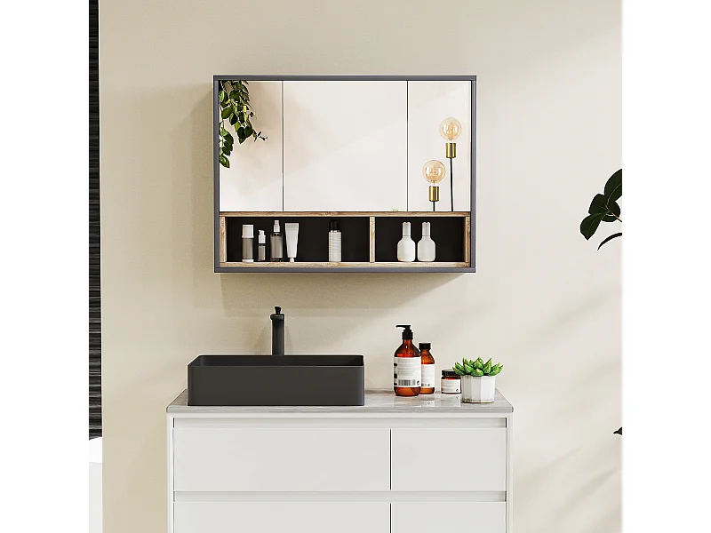 Specchiera bagno 3 ante con armadietto e 8 vani grigio