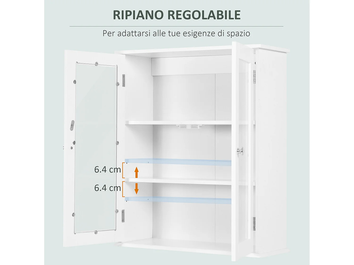 Armadietto pensile bagno 2 ante con ripiano in legno e vetro bianco