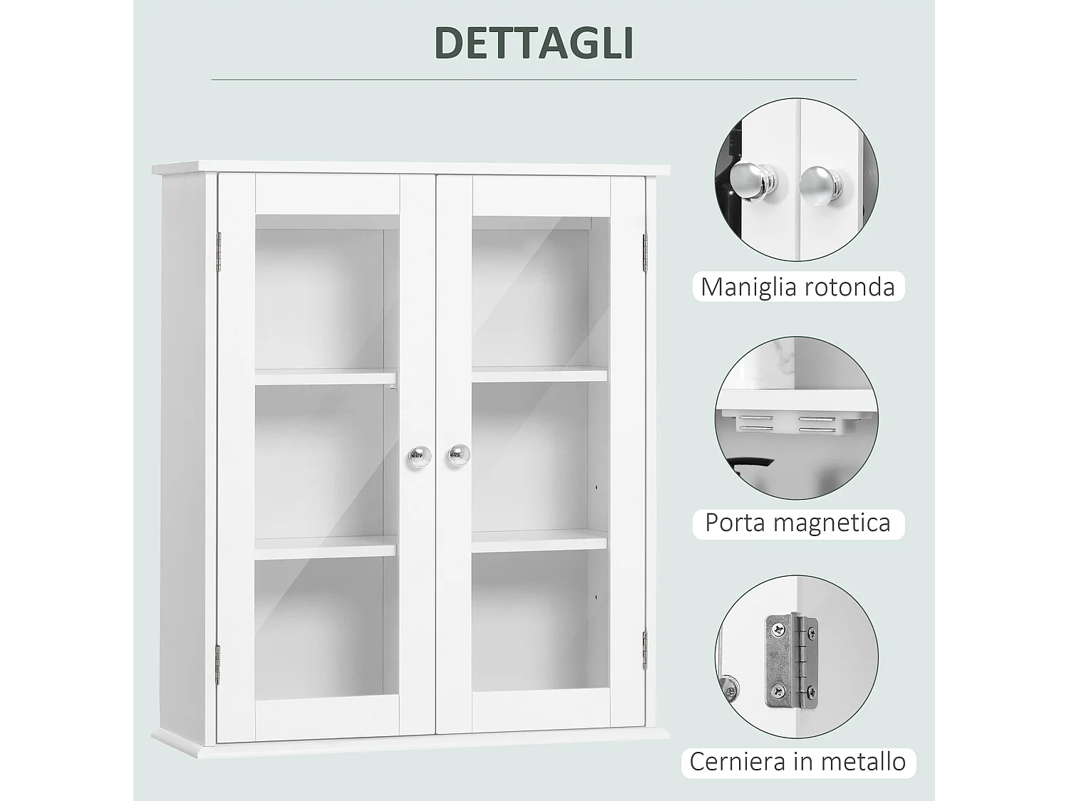 Armadietto pensile bagno 2 ante con ripiano in legno e vetro bianco