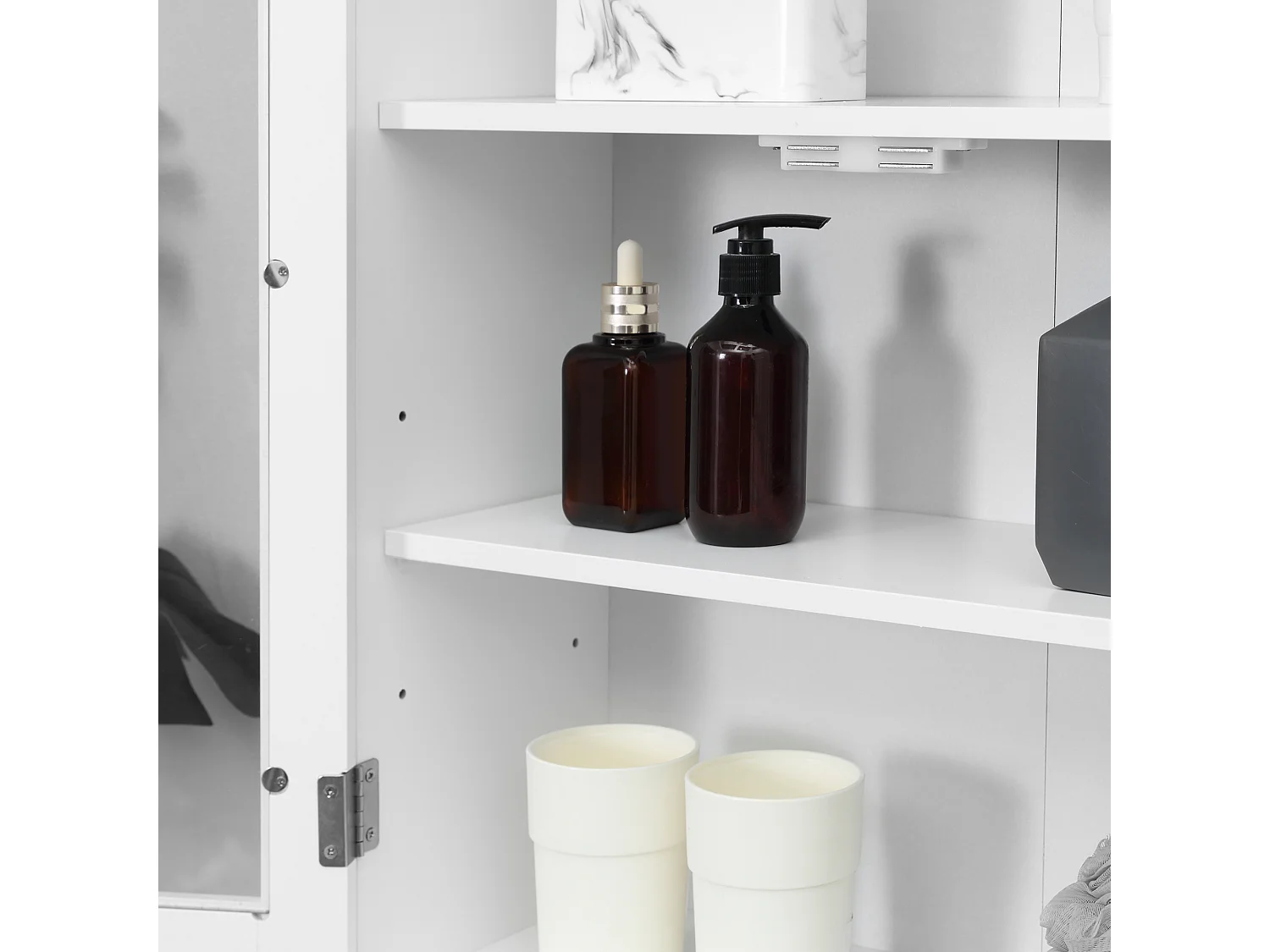 Armadietto pensile bagno 2 ante con ripiano in legno e vetro bianco