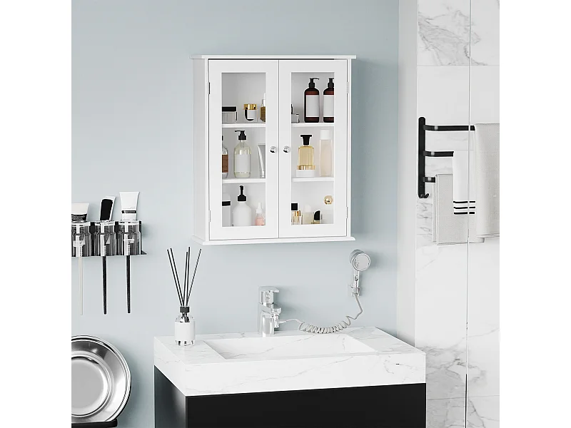 Armadietto pensile bagno 2 ante con ripiano in legno e vetro bianco