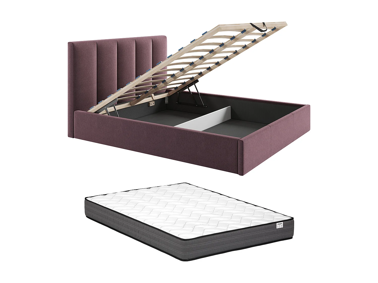 Lit coffre 160 x 200 cm avec tête de lit coutures verticales - Tissu - Bordeaux + Matelas - KILACLO