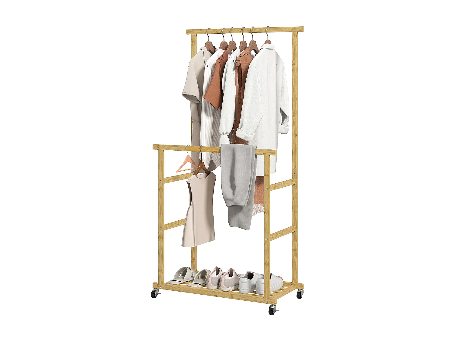 Stender appendiabiti con 2 barre e ripiano inferiore con ruote