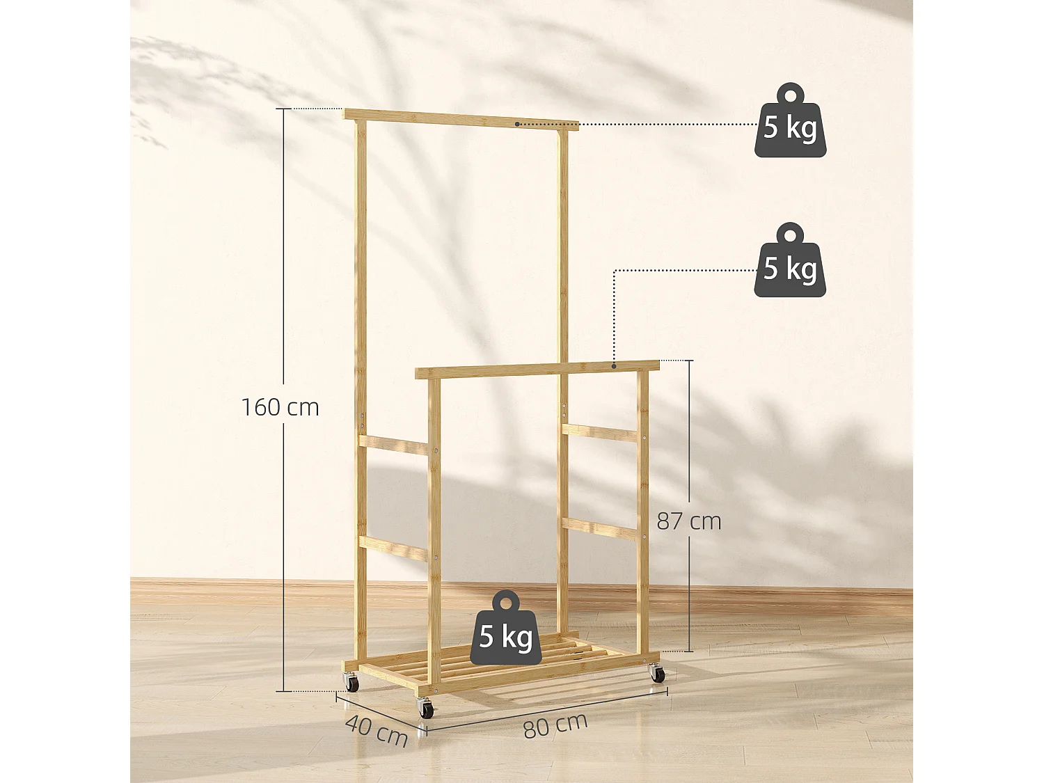 Stender appendiabiti con 2 barre e ripiano inferiore con ruote