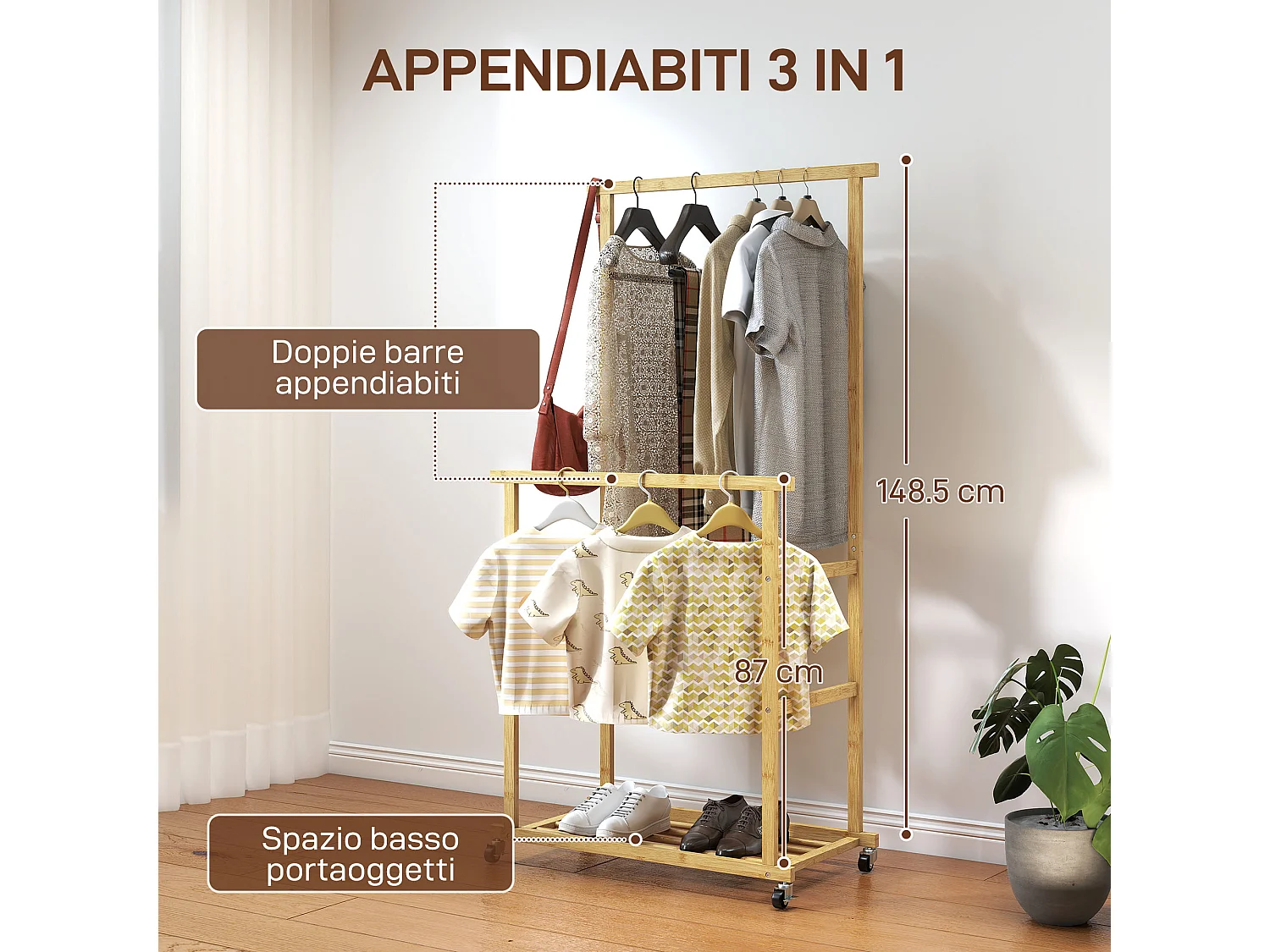 Stender appendiabiti con 2 barre e ripiano inferiore con ruote