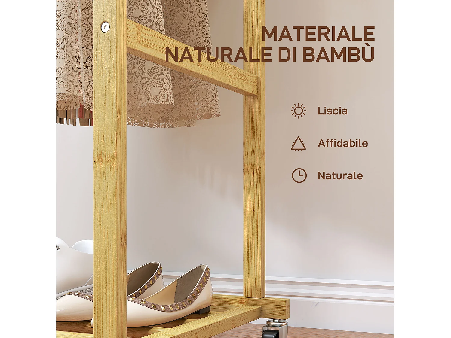 Stender appendiabiti con 2 barre e ripiano inferiore con ruote