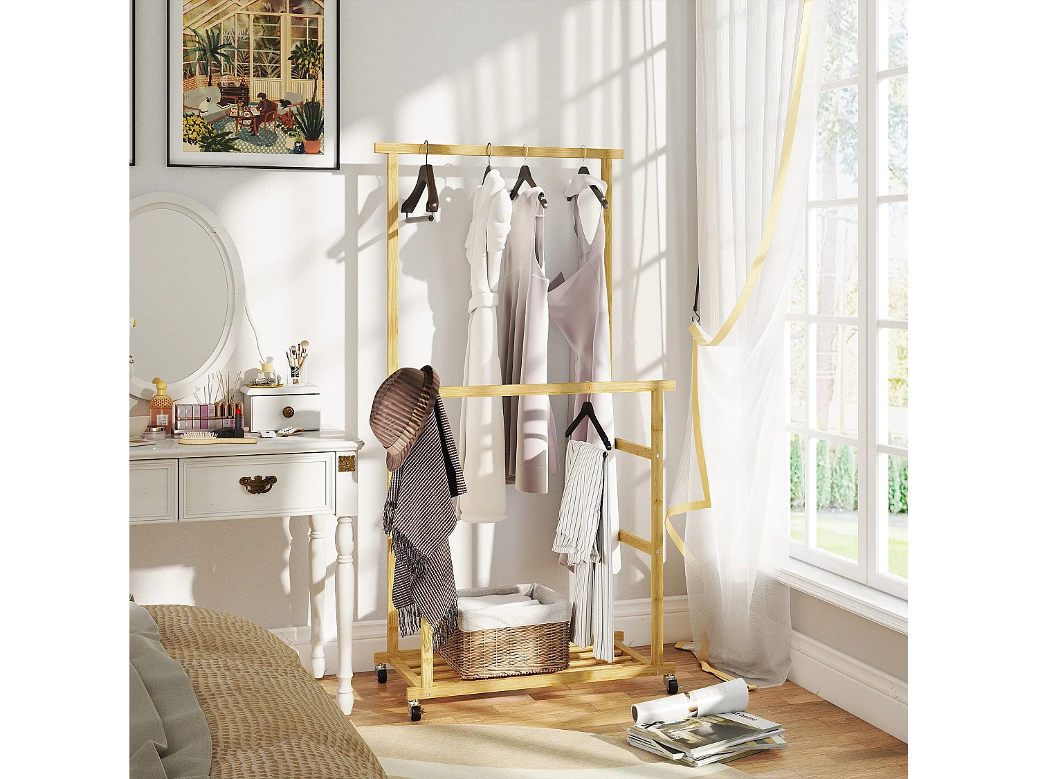 Stender appendiabiti con 2 barre e ripiano inferiore con ruote