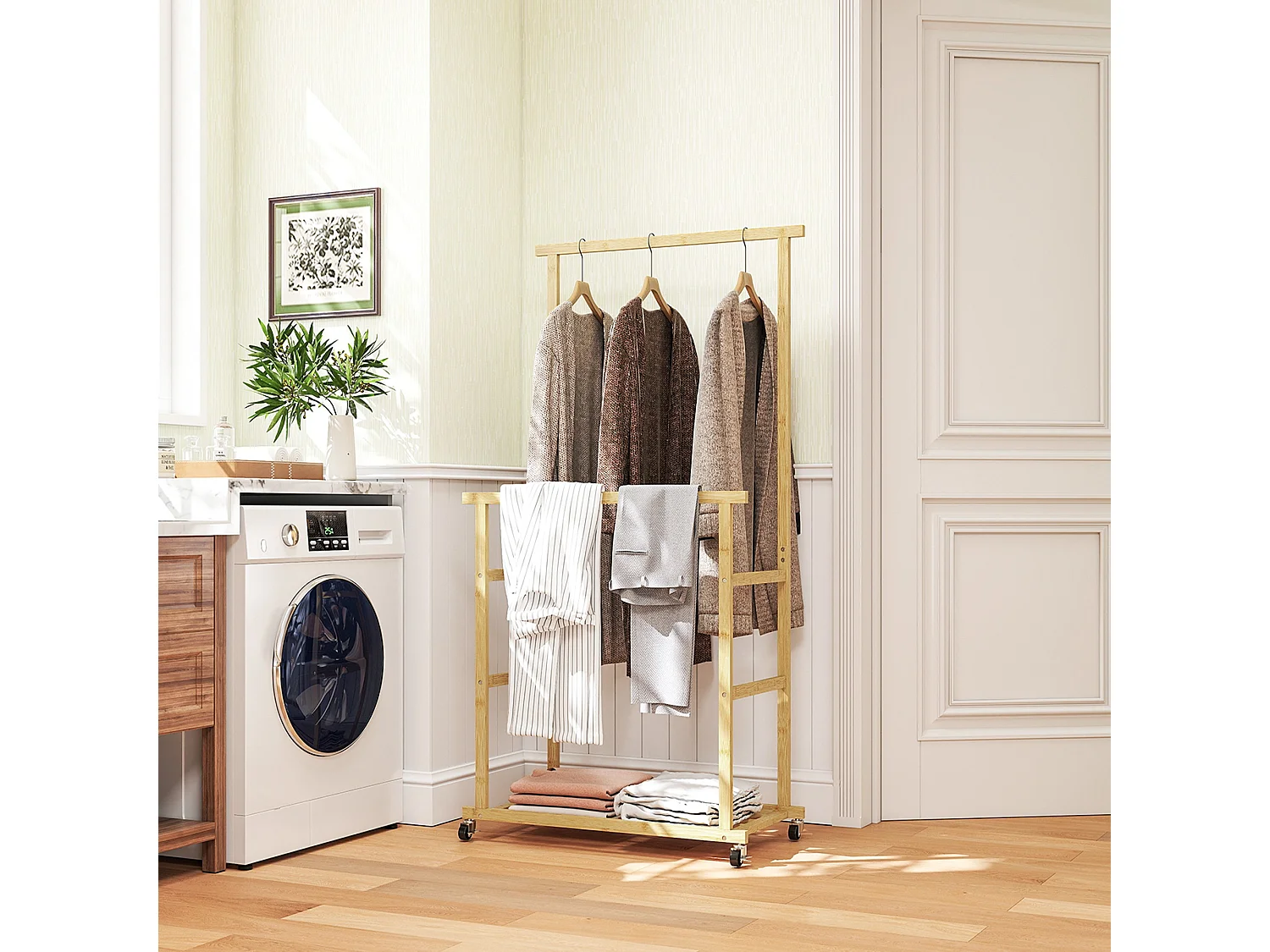 Stender appendiabiti con 2 barre e ripiano inferiore con ruote