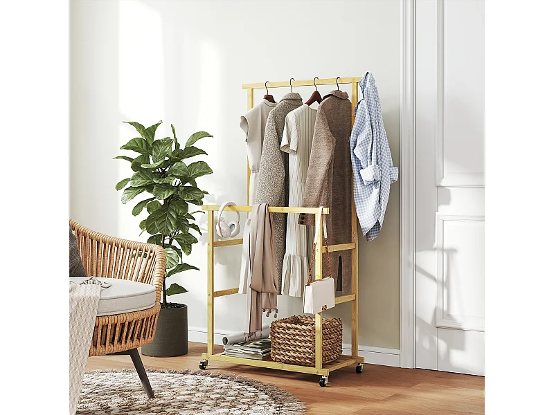 Stender appendiabiti con 2 barre e ripiano inferiore con ruote