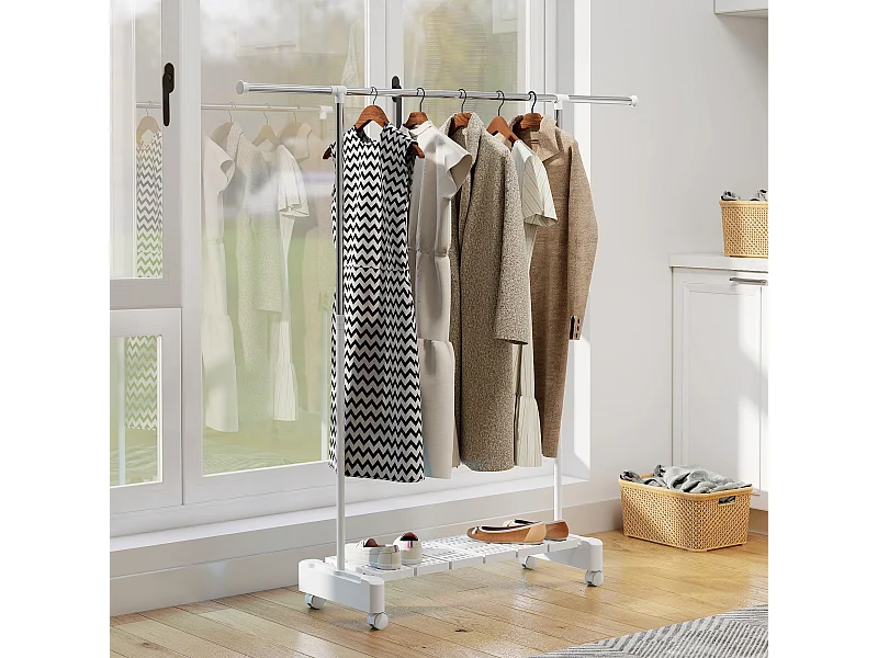 Stendibiancheria estensibile con ruote e ripiano porta scarpe bianco