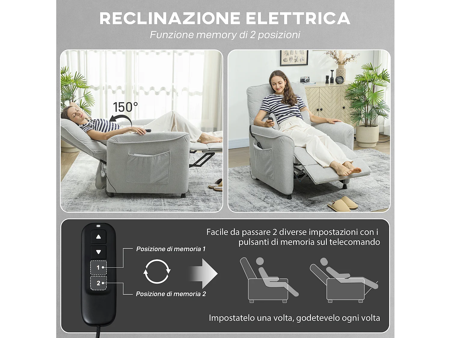 Poltrona reclinabile massaggiante riscaldata ciniglia grigio carbone