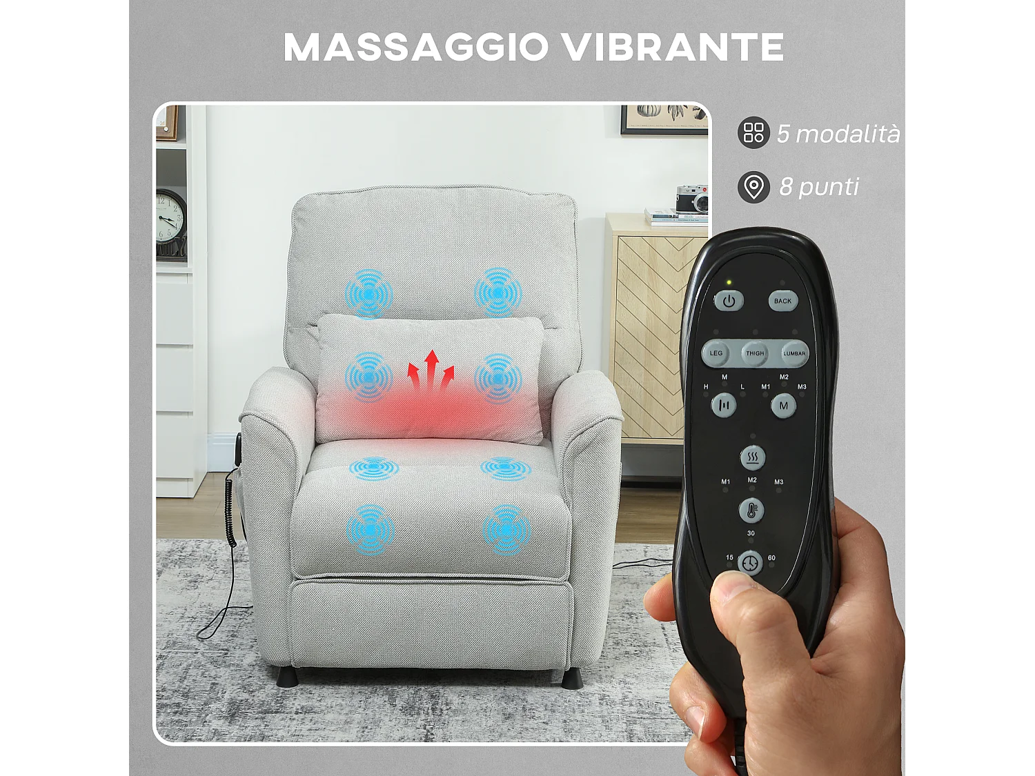 Poltrona reclinabile massaggiante riscaldata ciniglia grigio carbone