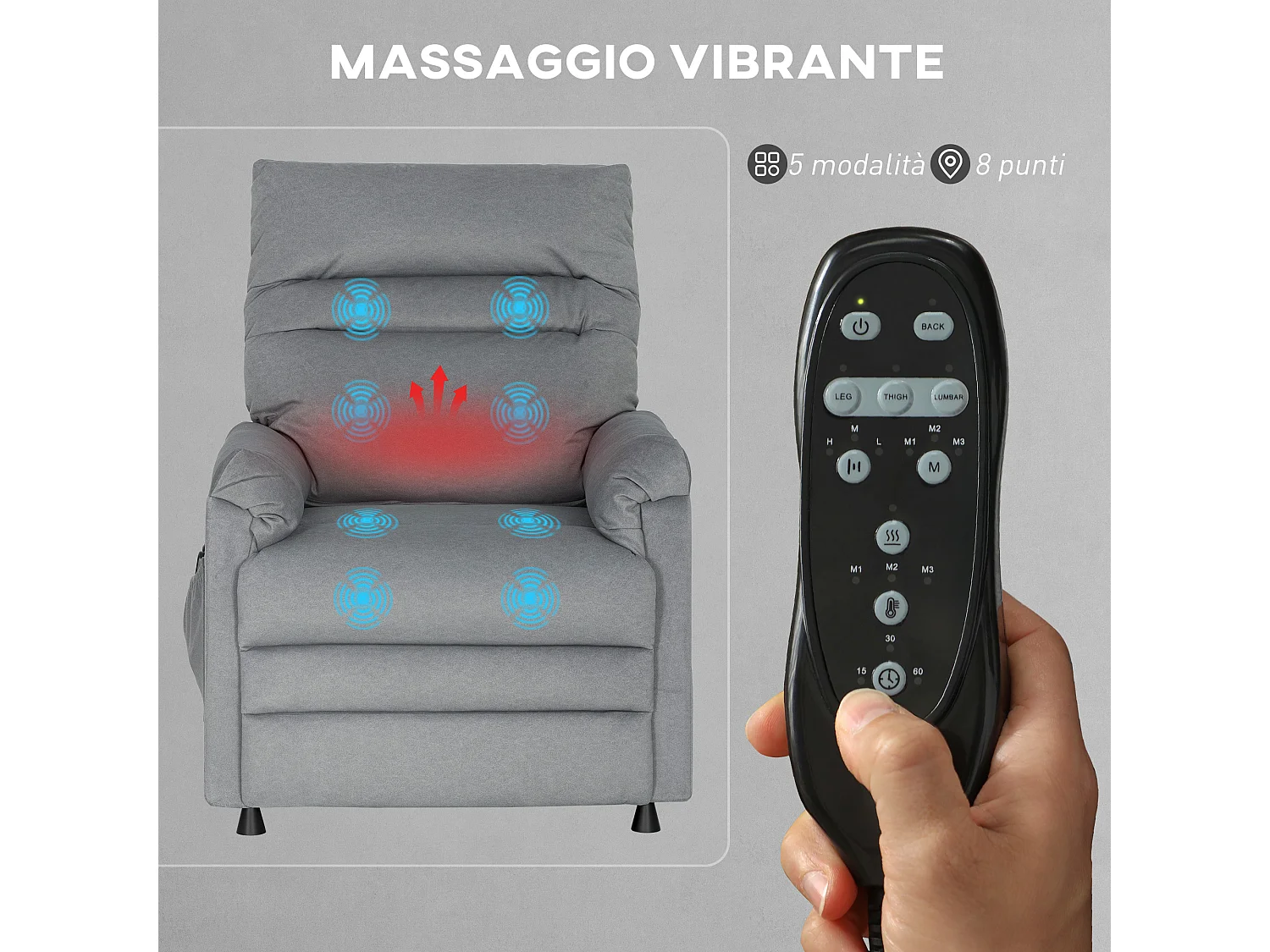 Poltrona reclinabile relax con riscaldamento e massaggio grigio