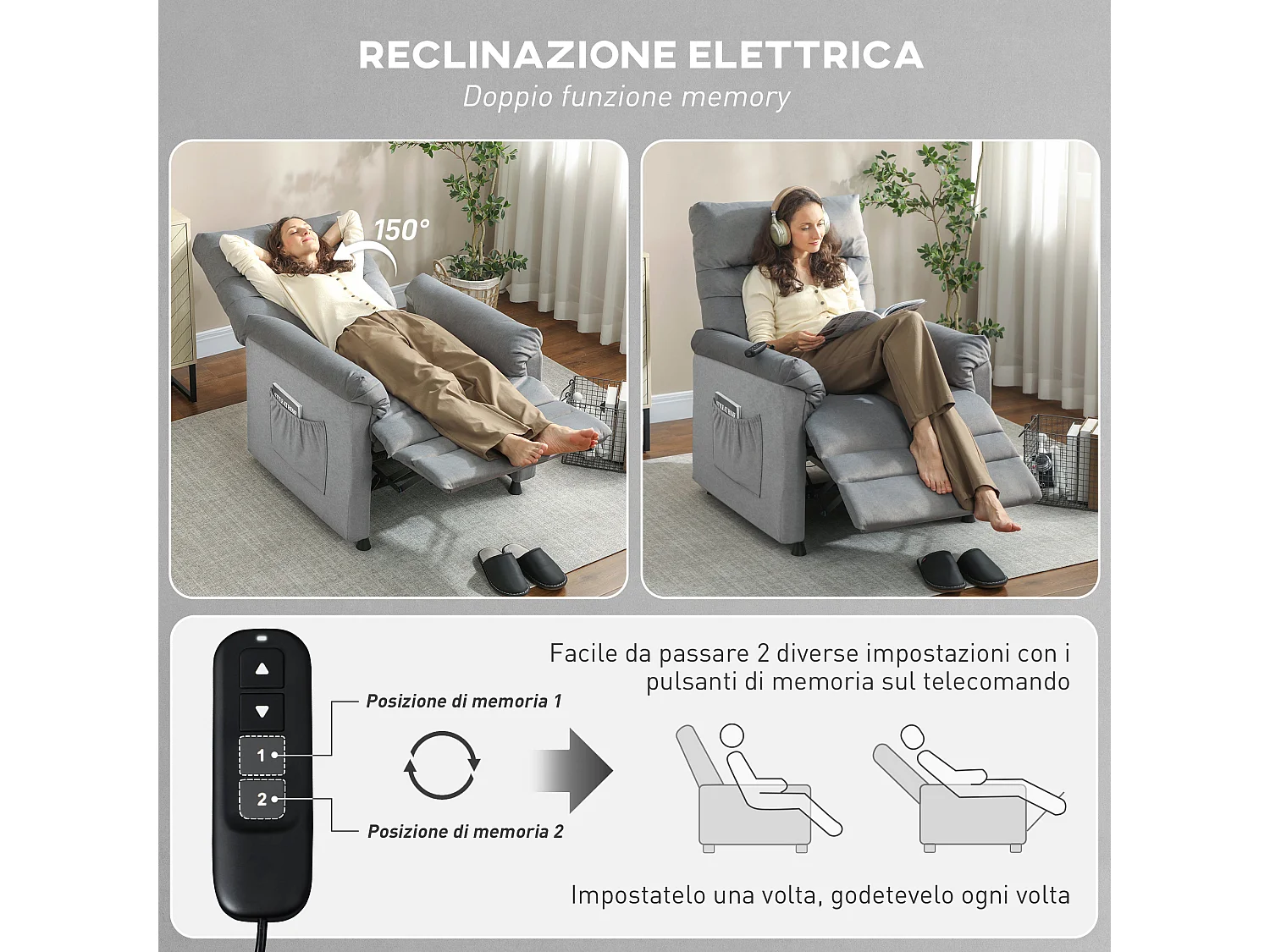 Poltrona reclinabile relax con riscaldamento e massaggio grigio