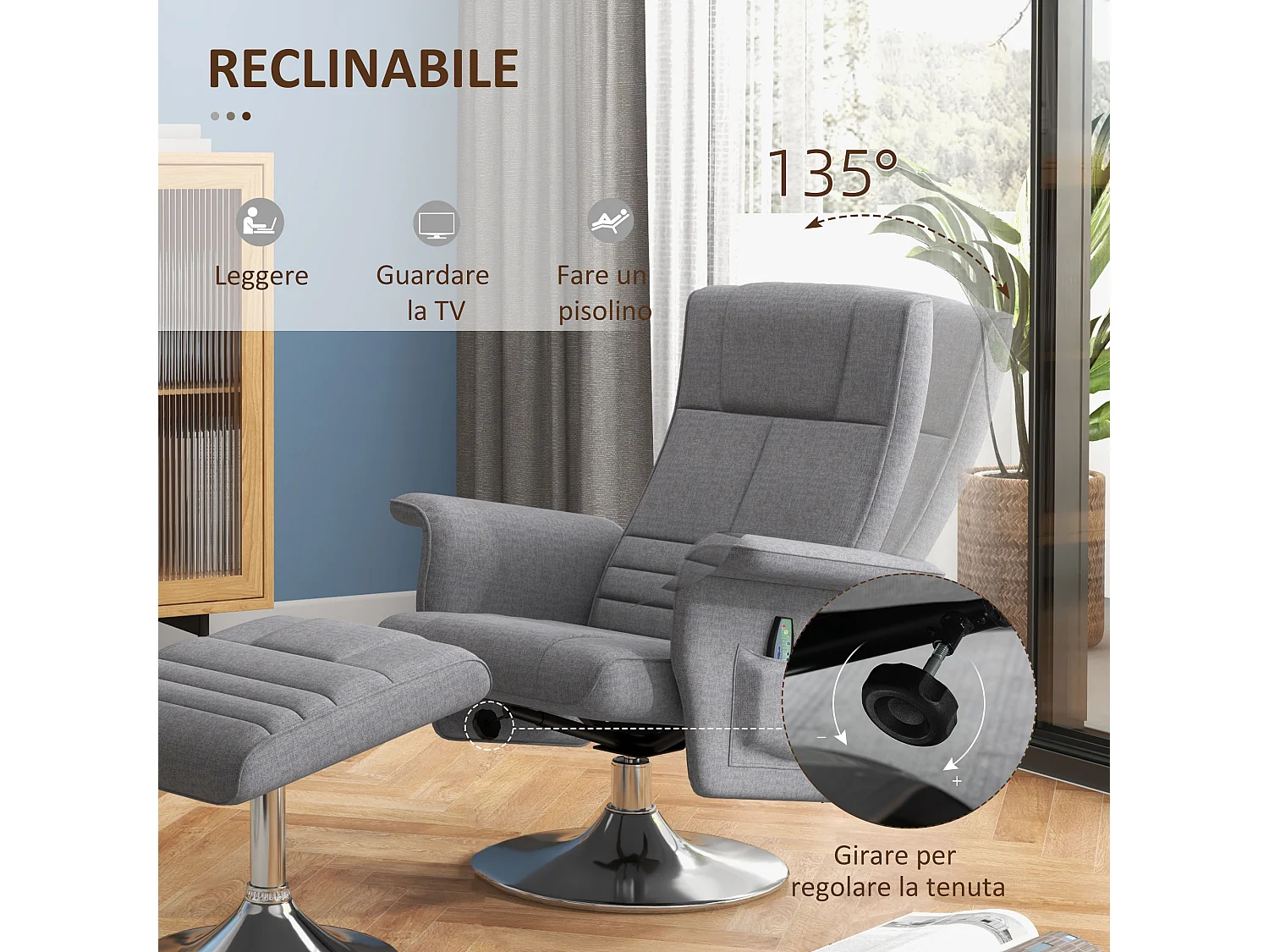 Poltrona massaggiante e reclinabile effetto lino grigio scuro